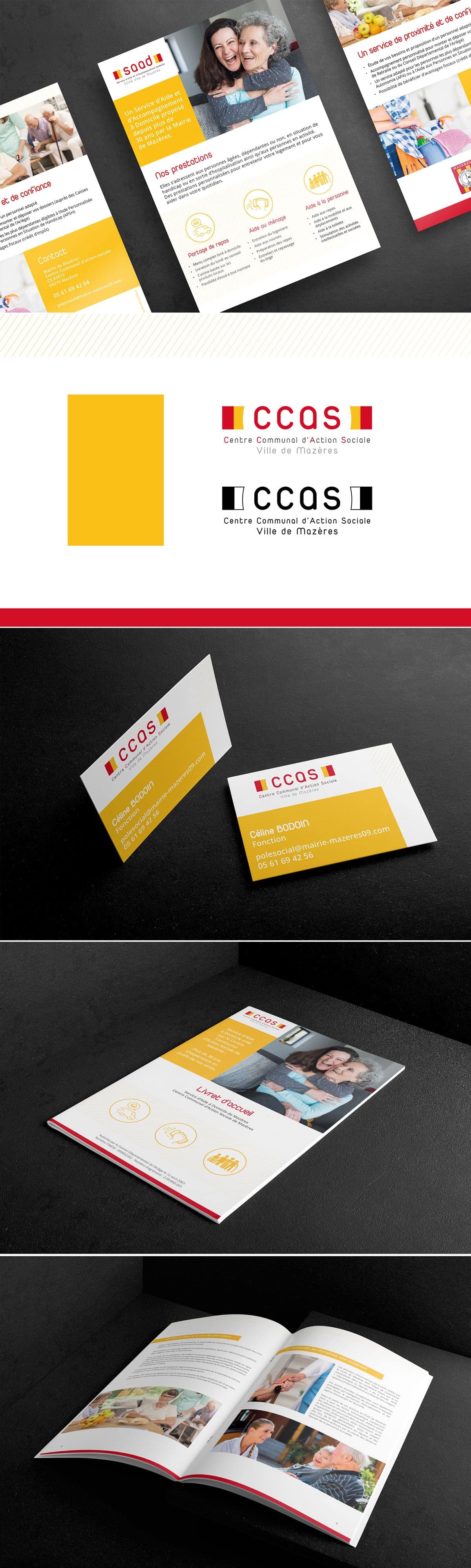 Images de l'identité visuelle du CCAS de la ville de Mazères, avec son logo et ses supports de communication imprimés : son livret d'accueil, son flyer et ses cartes de visite