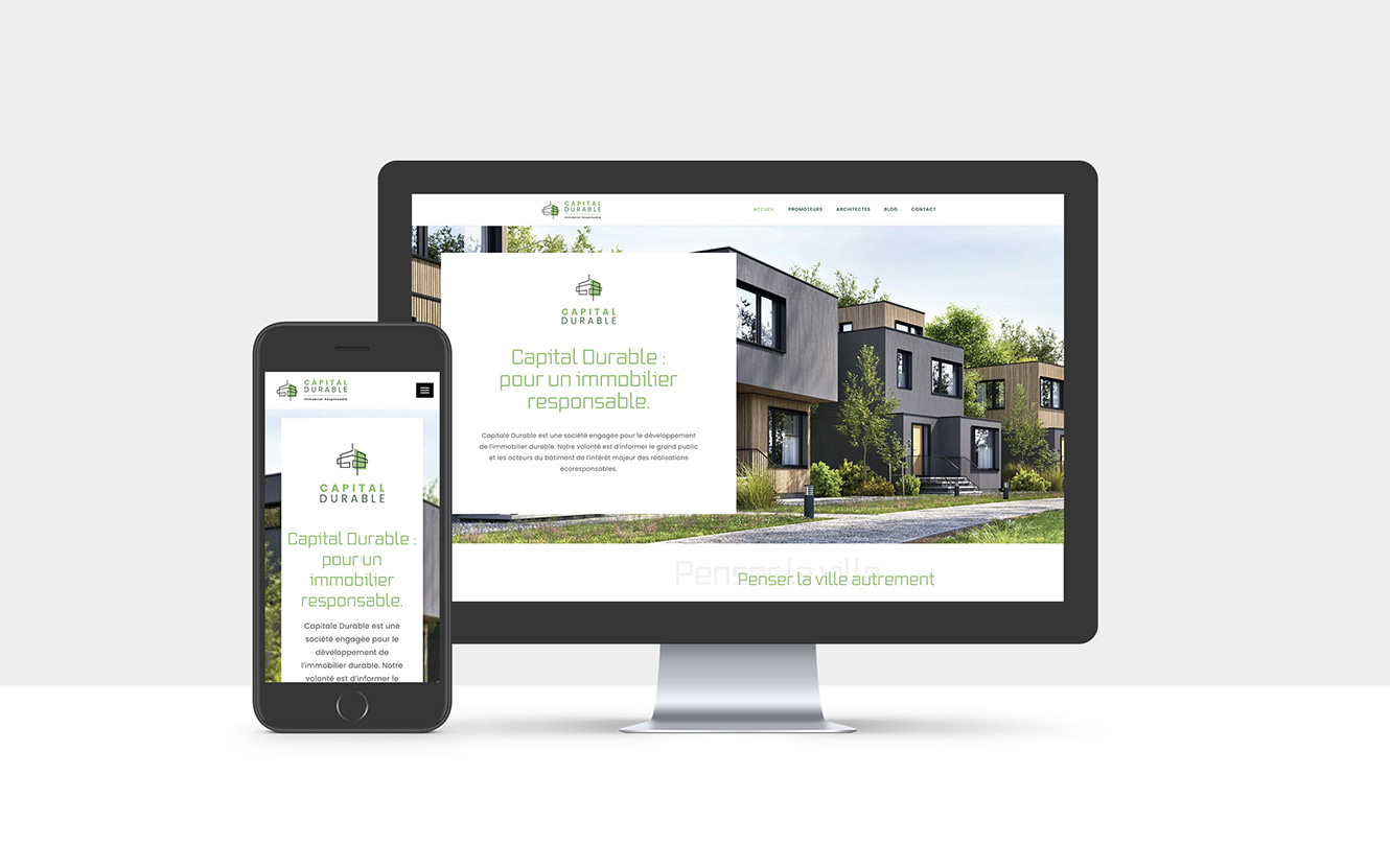 aperçu de l'identité visuelle éco-conçue et site vitrine réalisés avec La Collab pour Capital Durable
