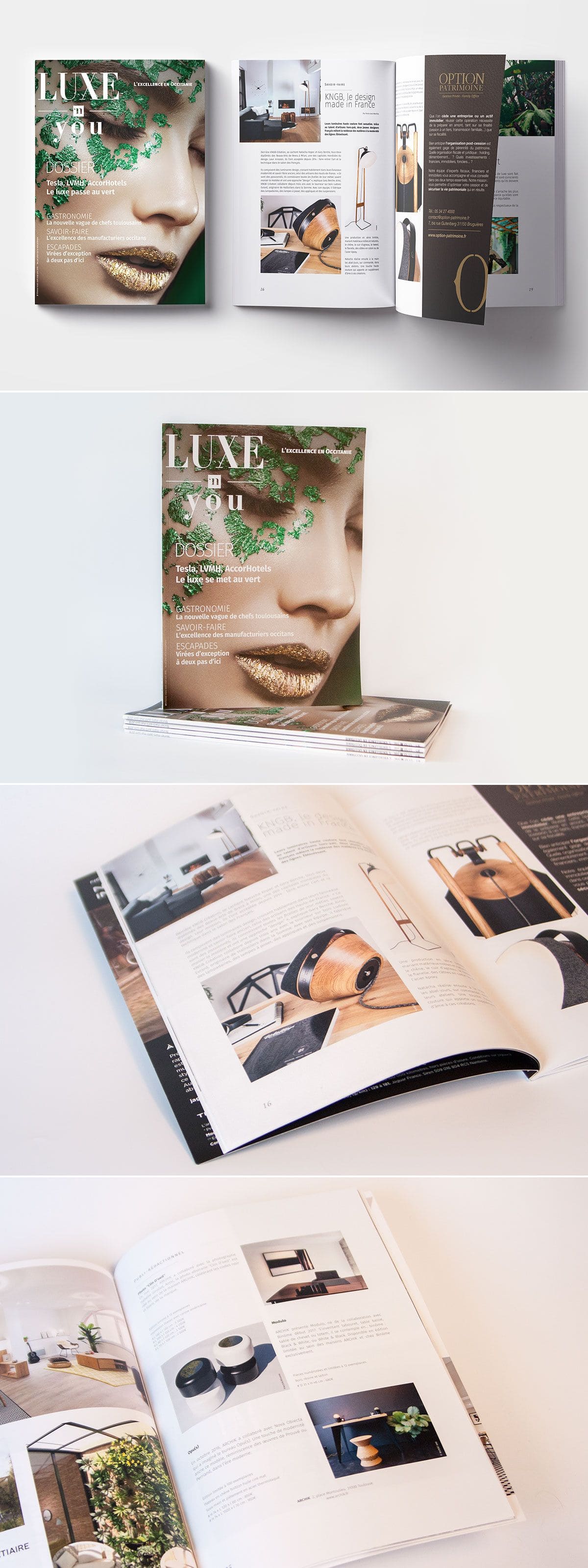 différentes vues du magazine Luxe'N You, avec la couverture et plusieurs doubles-pages intérieures