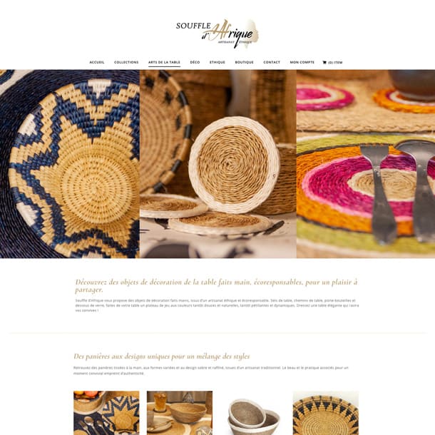 aperçu de l'écran d'accueil du site de Souffle d'Afrique, artisanat éthique - graphiste éco-responsable Toulouse