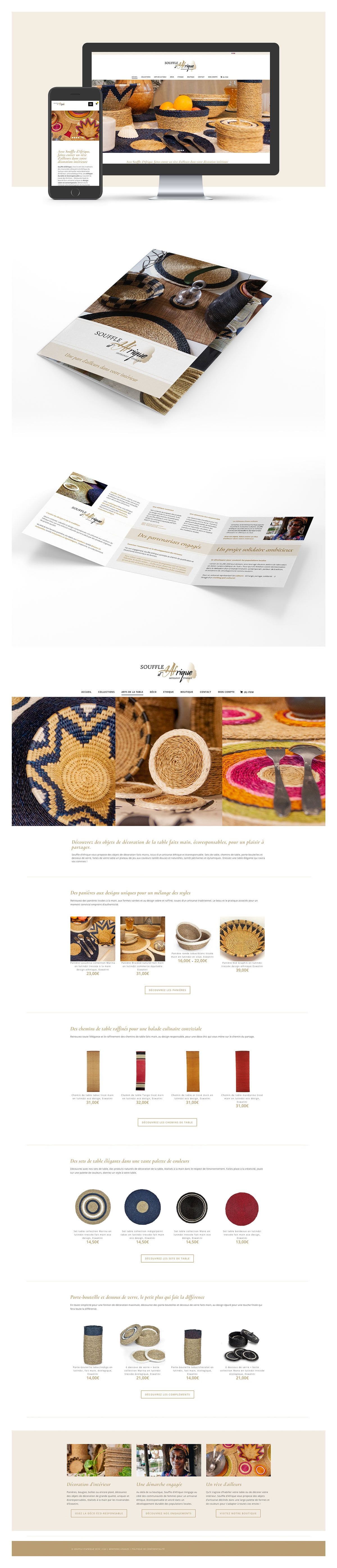 Présentation de l'identité visuelle, des supports imprimés et du site e-commerce de Souffle d'Afrique - graphiste Toulouse
