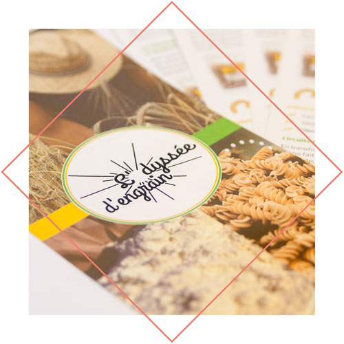 flyer de l'Odyssée d'Engrain, producteurs dee pâtes bio dans les Pyrénées